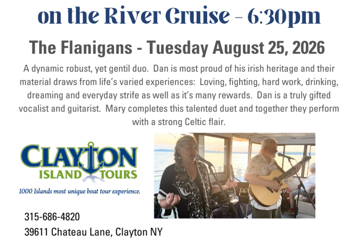 Promotional flyer for live music cruise on August 25, 2026, with The Flanigans, featuring a photo of musicians.