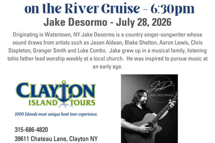 Flyer for live music cruise featuring Jake Desormo on July 28, 2026, hosted by Clayton Island Tours.
