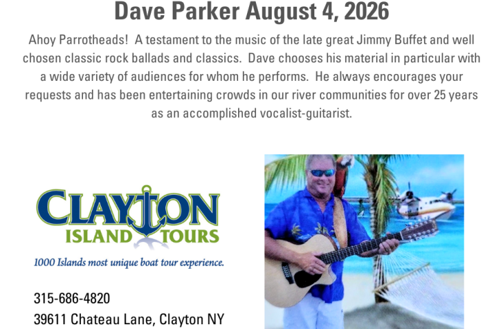 Flyer for Clayton Island Tours featuring musician Dave Parker with a guitar on a tropical-themed background.