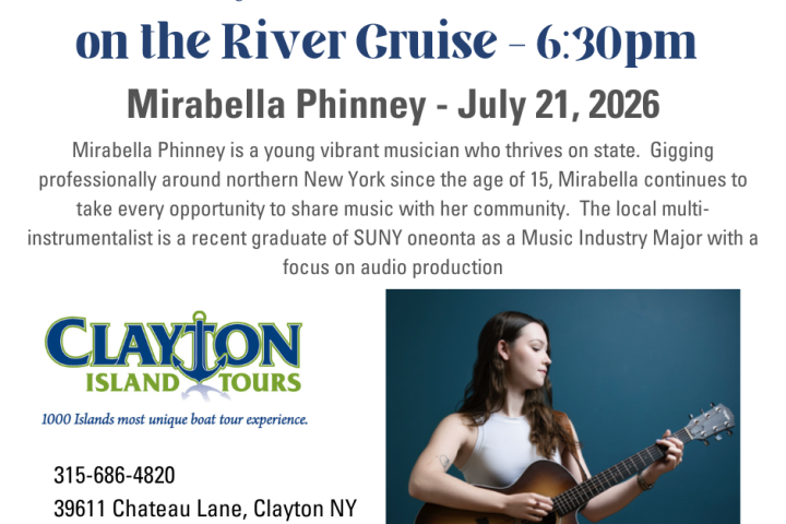 Flyer advertising live music with Mirabella Phinney on a river cruise, July 21, 2026, with contact details.