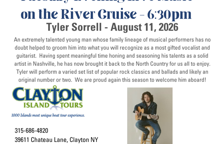 Flyer for a live music event with Tyler Sorrell on August 11, 2026, hosted by Clayton Island Tours.