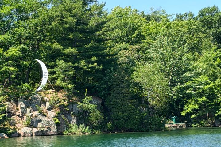 Lush trees and rocks by a lake with a crescent sculpture, under a clear blue sky.